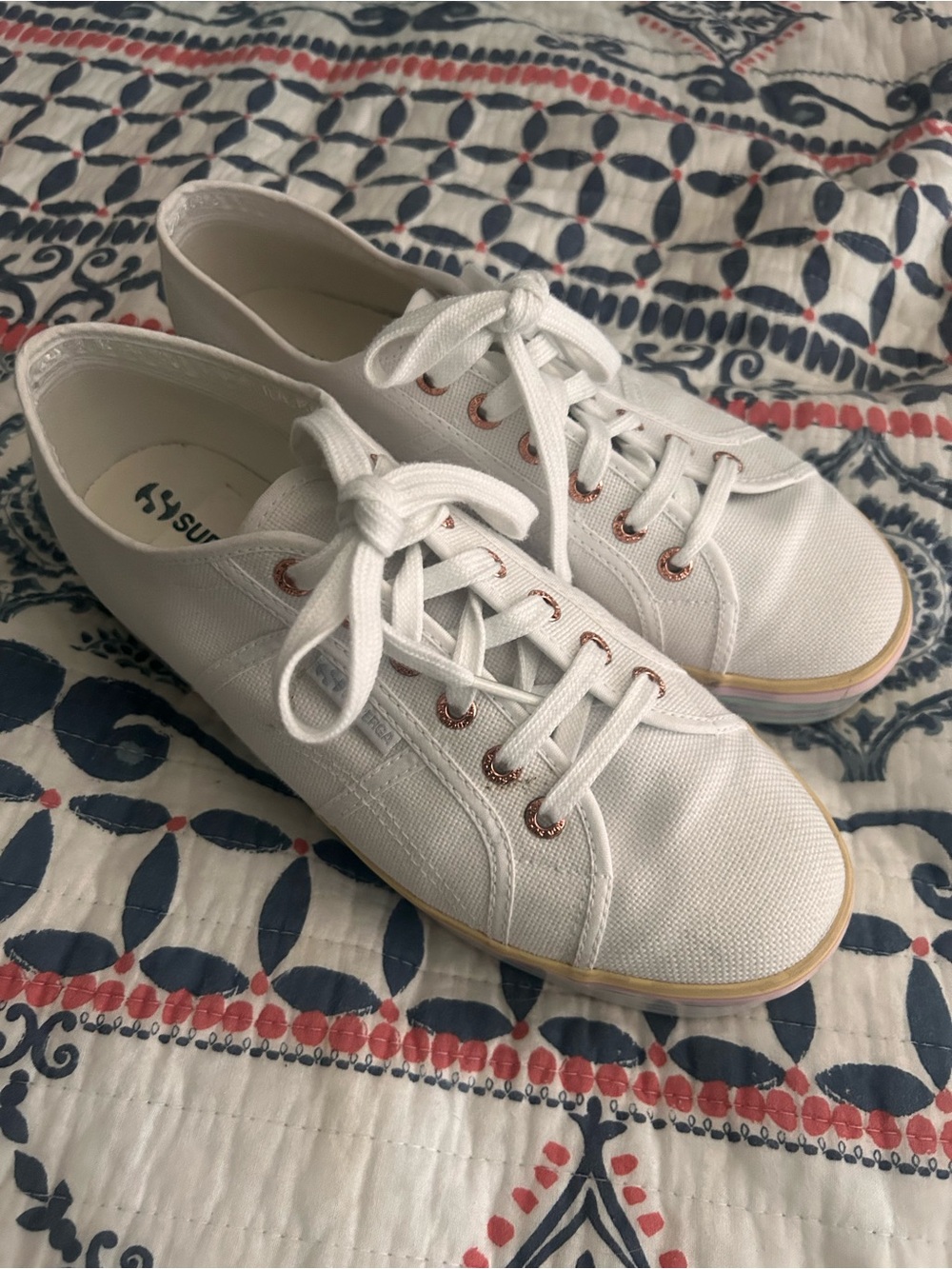 Superga White Canvas Low-Top Sneakers with Rose Gold Eyelets